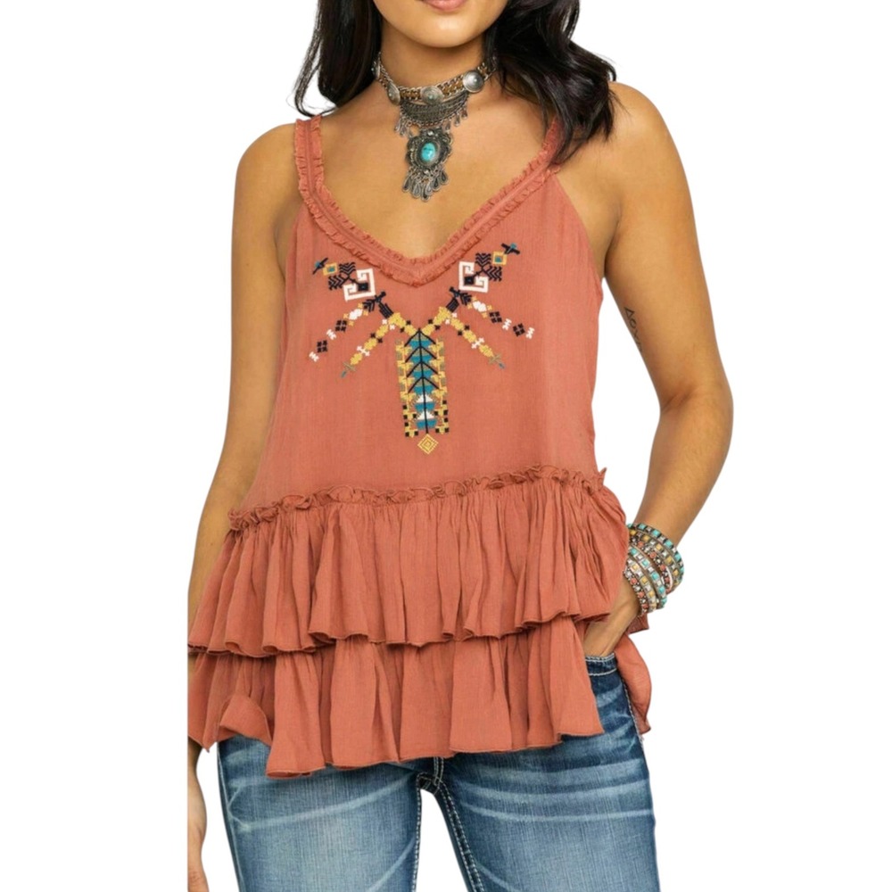 Shyanne Rust Tiered Ruffle Embroidered Tank Top - Picture 2 of 10